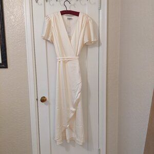 Ivory V-Neck Satin Wrap Midi Dress
